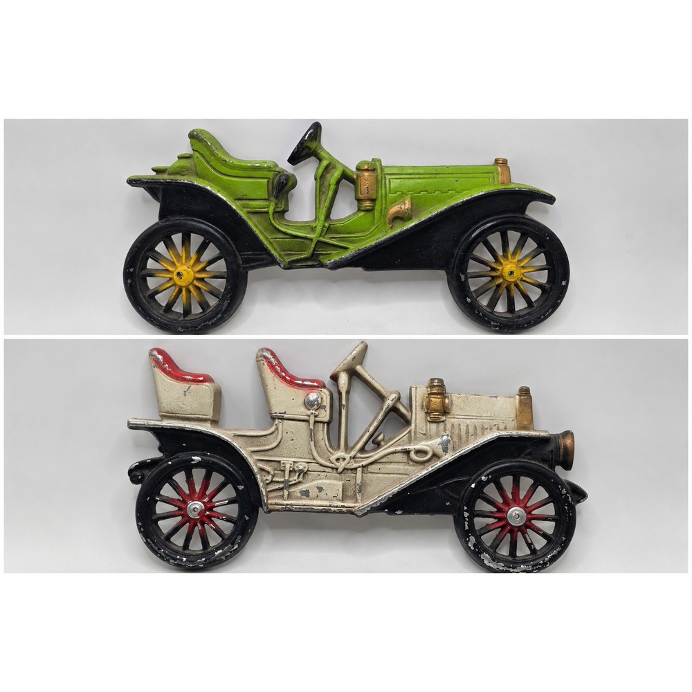 Vintage Cast Iron Antique Car Wall Decor Set 2 Retro Automobile Garage Art 10.5"